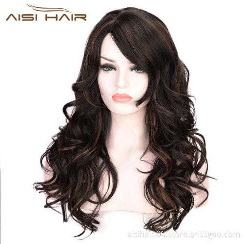 Heat Resistant Black Mixed Black Body Wave Synthetic Long Wavy Fiber Hair Wig For Black White Women Cosplay  Wigs